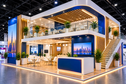 Double decker exhibition stand in Dubai with upper-level meeting area